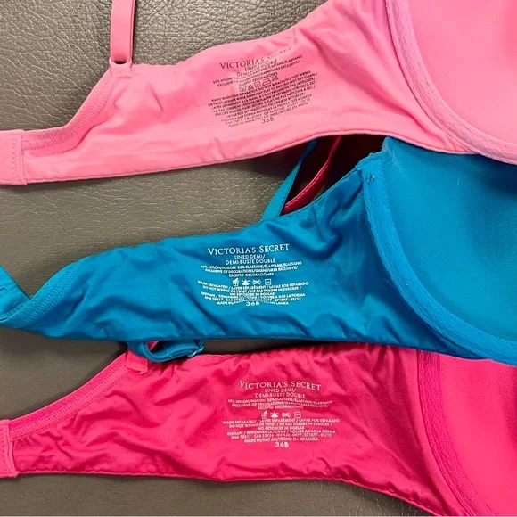 Set of 3 Victoria’s Secret Pinks and Blue Women's Bra Set Lined Demi 36B - Picture 6 of 10